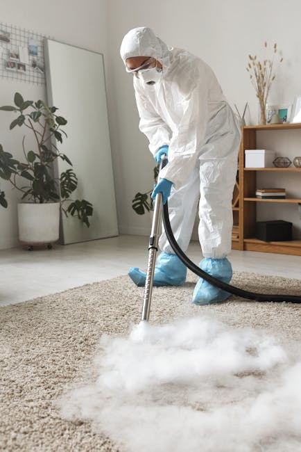A person dressed in orange work trousers and white sneakers uses a yellow and black industrial vacuum cleaner placed on a gray tile floor within a modern living room. The individual holds the vacuum's
