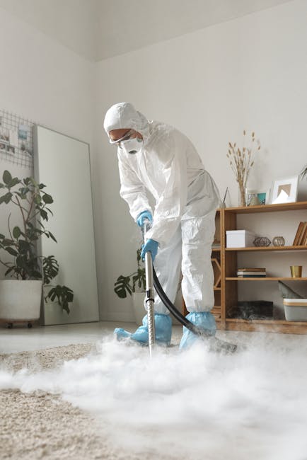 A professional cleaner dressed in white protective coveralls, a facemask, and blue gloves engaged in deep cleaning a beige carpet in a living room. The technician from Carpet Cleaners Putney is using a commercial steam cleaning machine, emitting steam or vapour onto the carpet surface, which appears freshly treated and damp. The room features a white wall, a large mirror leaning against the wall, potted plants, and a wooden bookshelf with decorative items and books. Bright natural light illuminates the space, highlighting the cleanliness and well-maintained condition of the area. The scene emphasizes surface cleaning and sanitisation processes suitable for residential spaces, showcasing expert domestic cleaning methods for maintaining fresh, hygienic carpets on Upper Richmond Road flats.